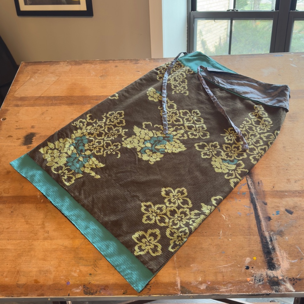 Lux Brown Floral Midi Skirt with Teal Trim